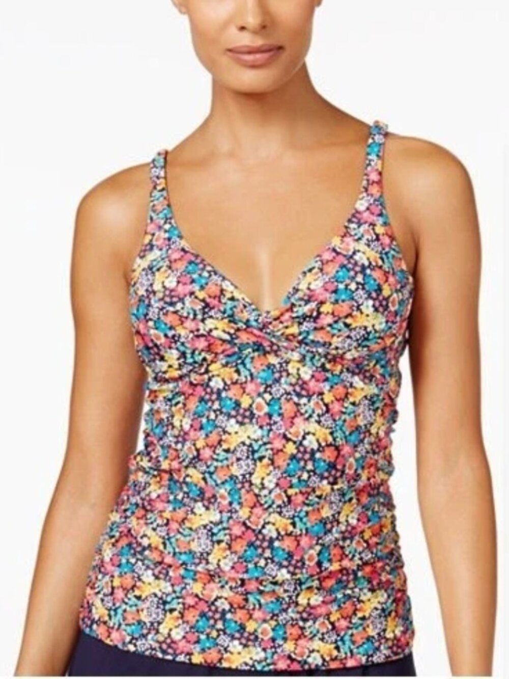 Anne Cole Colorful Floral Tankini Top Pink Yellow Blue Swim Beach Sz 36 B/C NWT